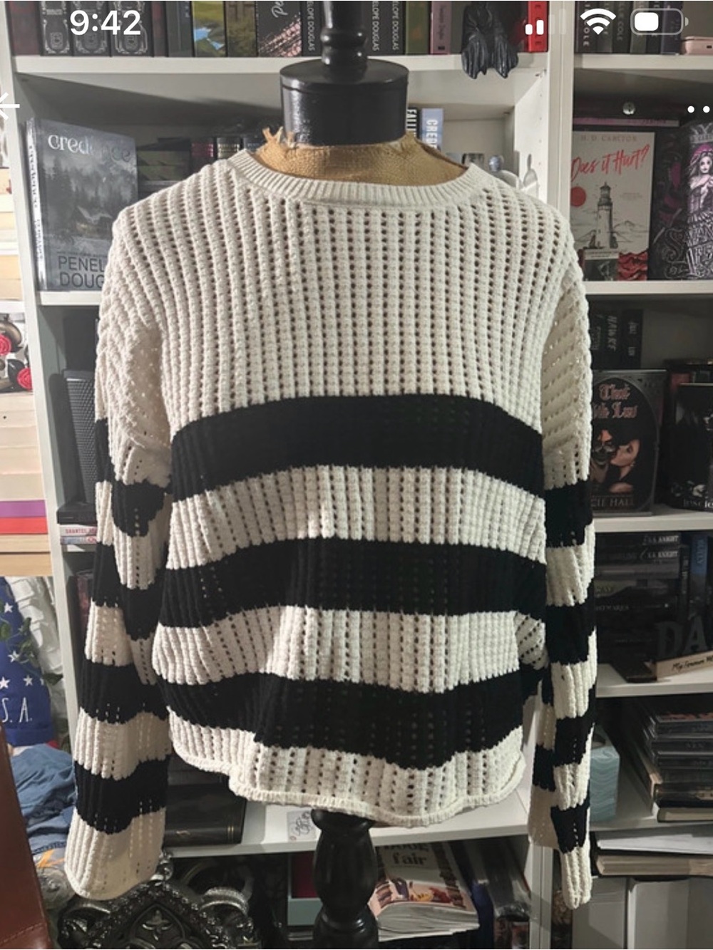 Women's Black & White Striped Open-Knit Sweater